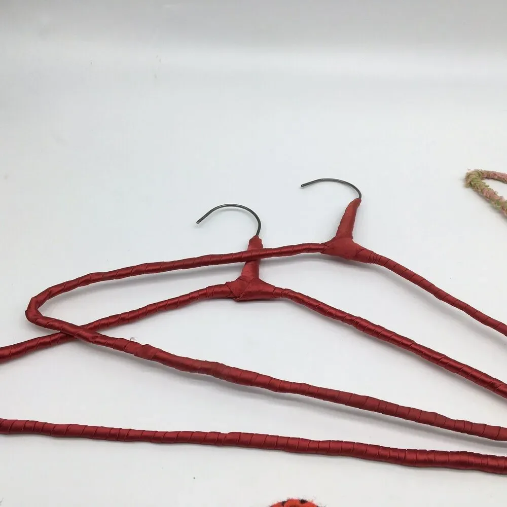 4 Vtg Colorful Yarn Ribbon Covered Granny Clothes Hangers Red Satin Pink Green